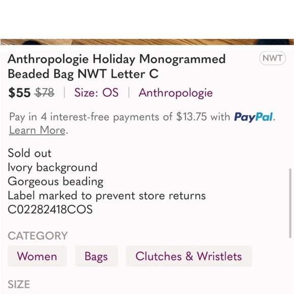 Anthropologie Holiday Monogrammed Beaded Bag Letter S NEW